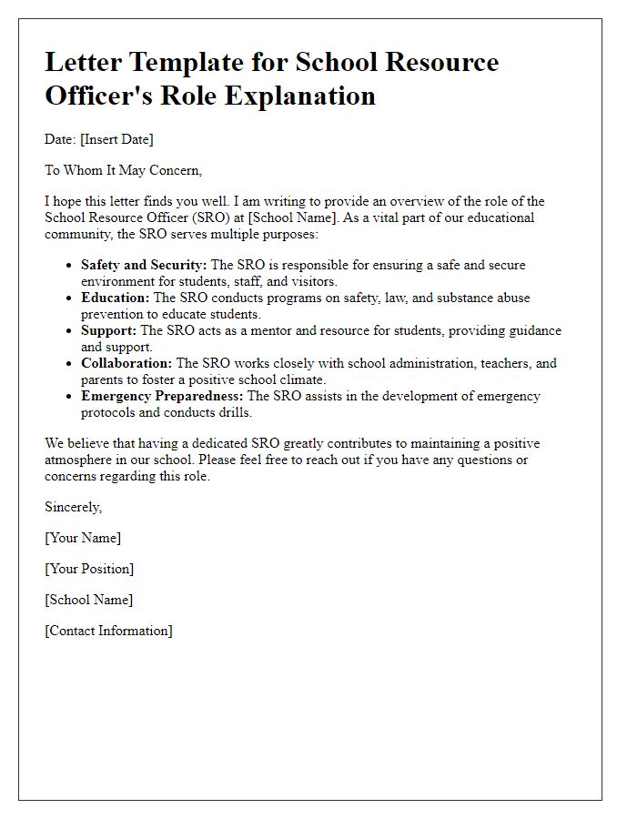 Letter template of school resource officer's role explanation