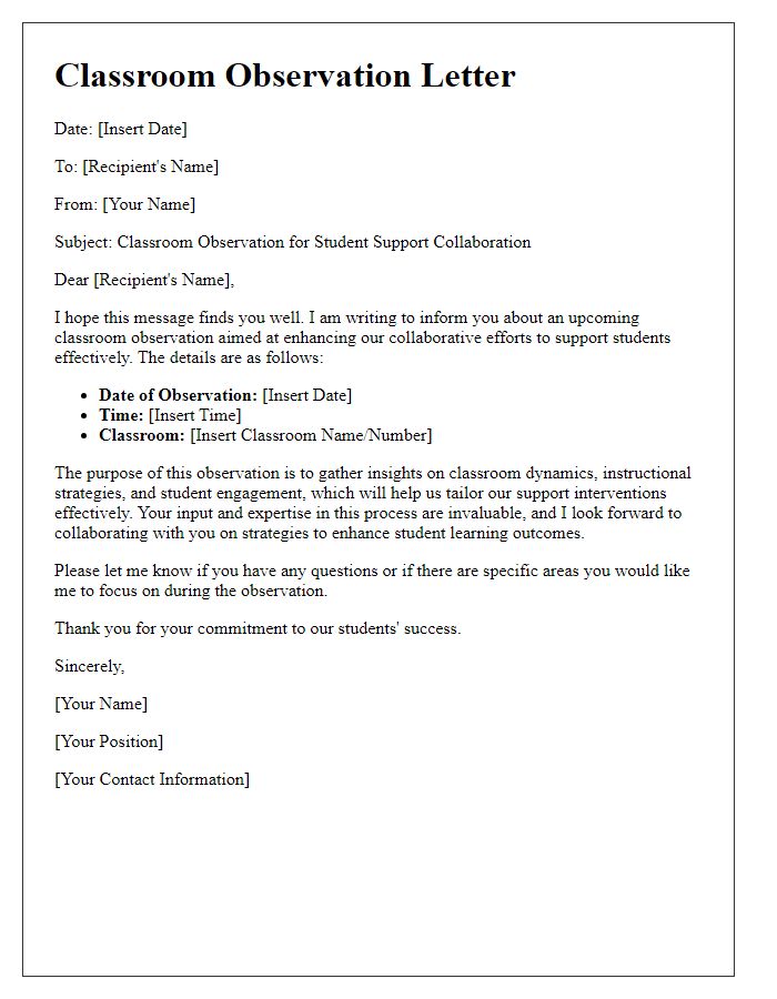 Letter template of classroom observation for student support collaboration