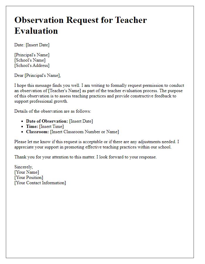 Letter template of observation request for teacher evaluation purposes