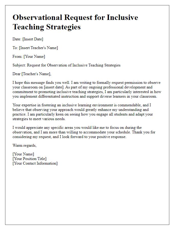 Letter template of observational request for inclusive teaching strategies