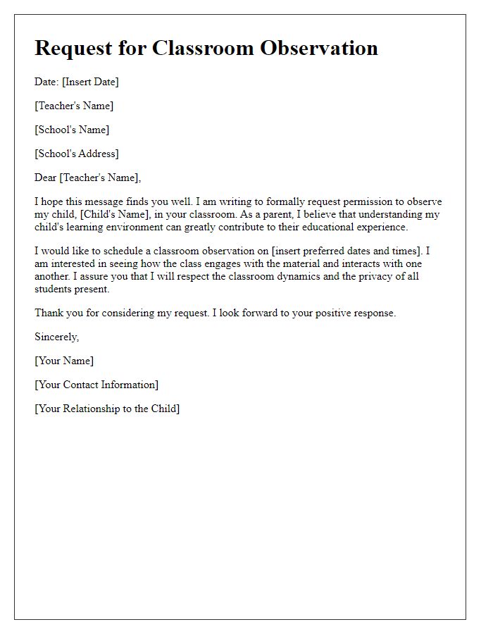 Letter template of request for classroom observation by a parent