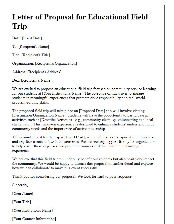 Letter template of an educational field trip concept for community service learning.