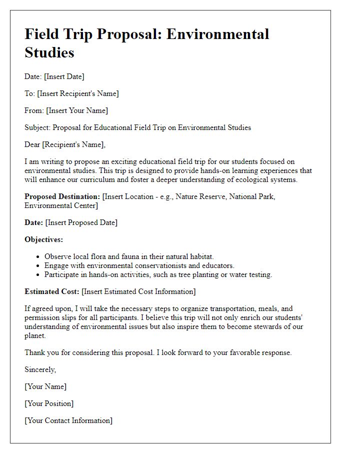 Letter template of an educational field trip idea for environmental studies.