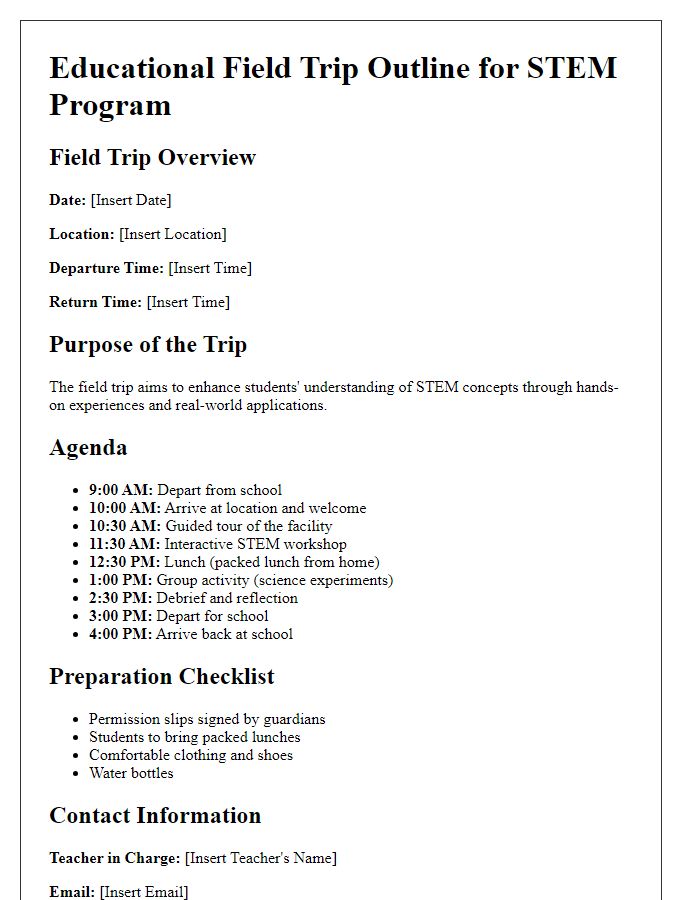 Letter template of an educational field trip outline for STEM programs.