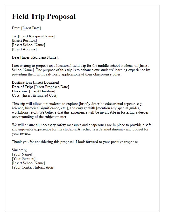 Letter template of an educational field trip proposal for middle school students.