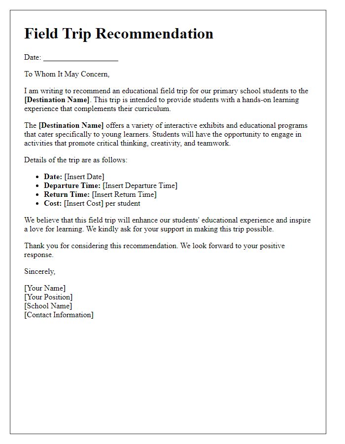 Letter template of an educational field trip recommendation for primary school children.