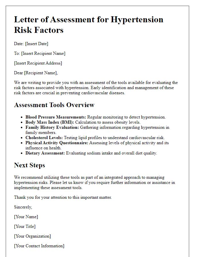 Letter template of assessment tools for hypertension risk factors.