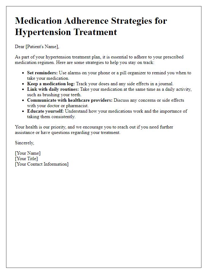 Letter template of medication adherence strategies for hypertension treatment.