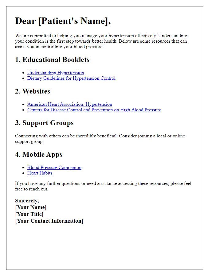 Letter template of patient education resources on hypertension control.