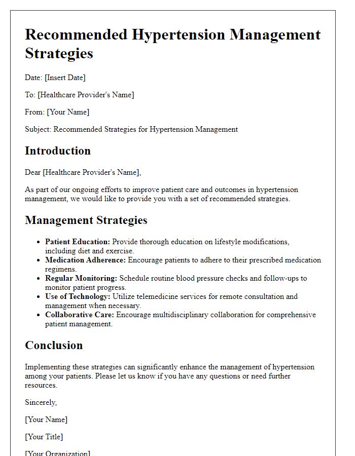 Letter template of recommended hypertension management strategies for healthcare providers.