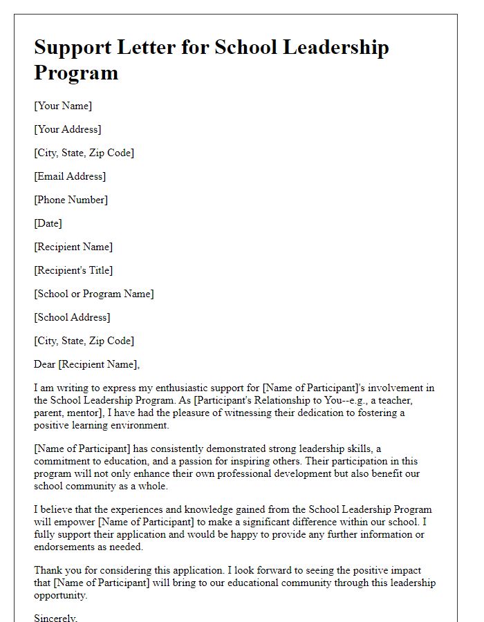 Letter template of support for school leadership program involvement