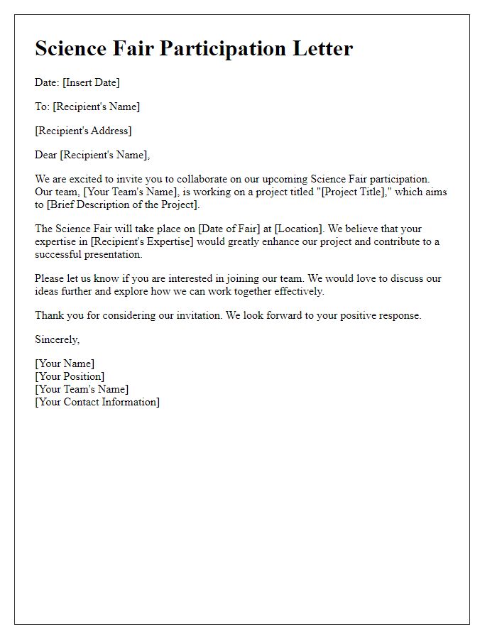 Letter template of Science Fair Participation for Team Collaborations