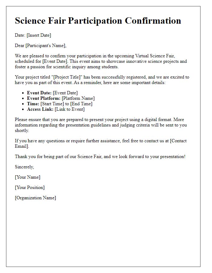 Letter template of Science Fair Participation for Virtual Events