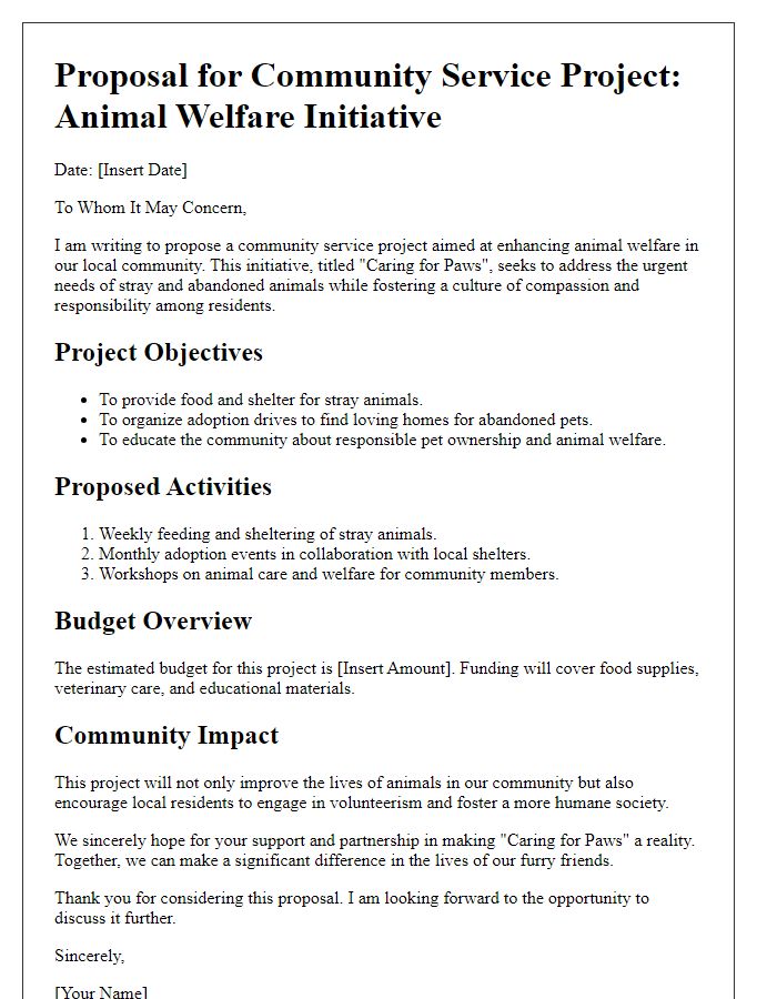 Letter template of community service project proposal for animal welfare.