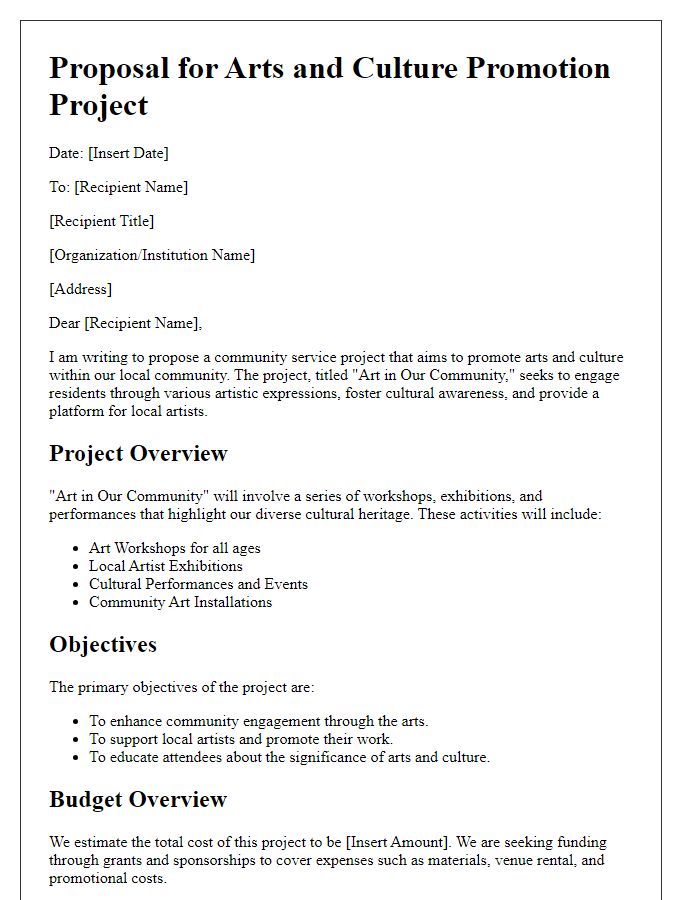 Letter template of community service project proposal for arts and culture promotion.