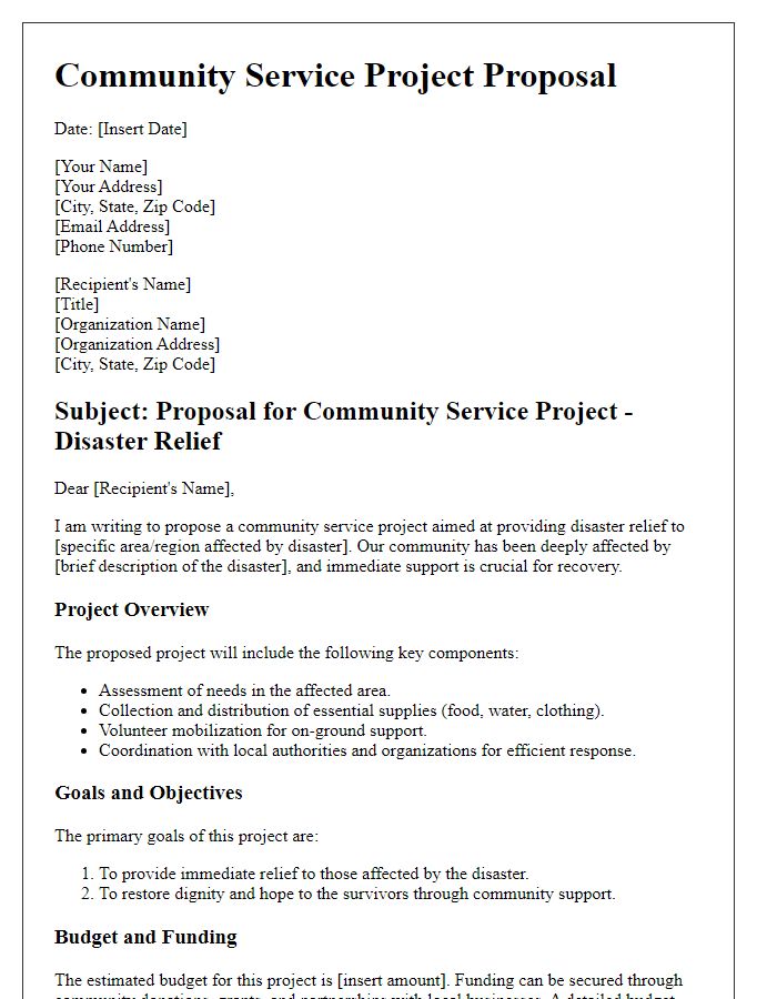 Letter template of community service project proposal for disaster relief.