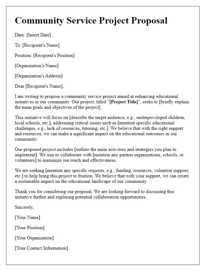 Letter template of community service project proposal for educational initiatives.