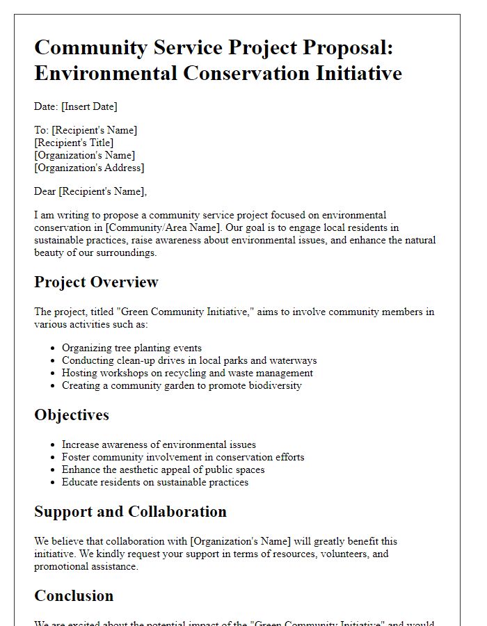 Letter template of community service project proposal for environmental conservation.