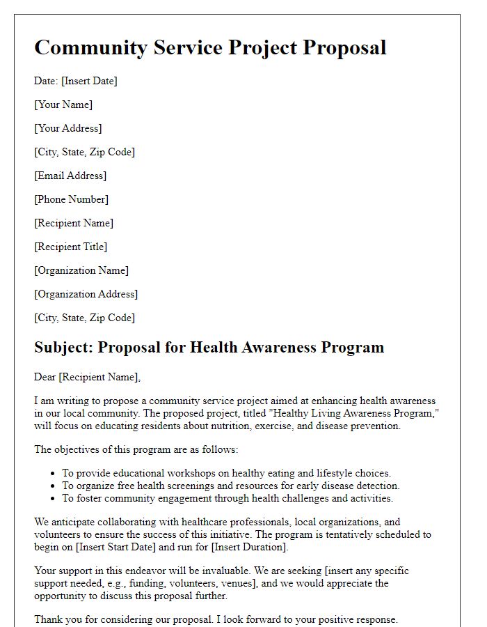 Letter template of community service project proposal for health awareness programs.