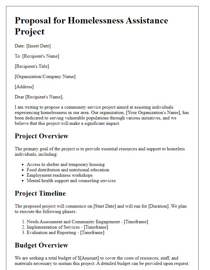 Letter template of community service project proposal for homelessness assistance.