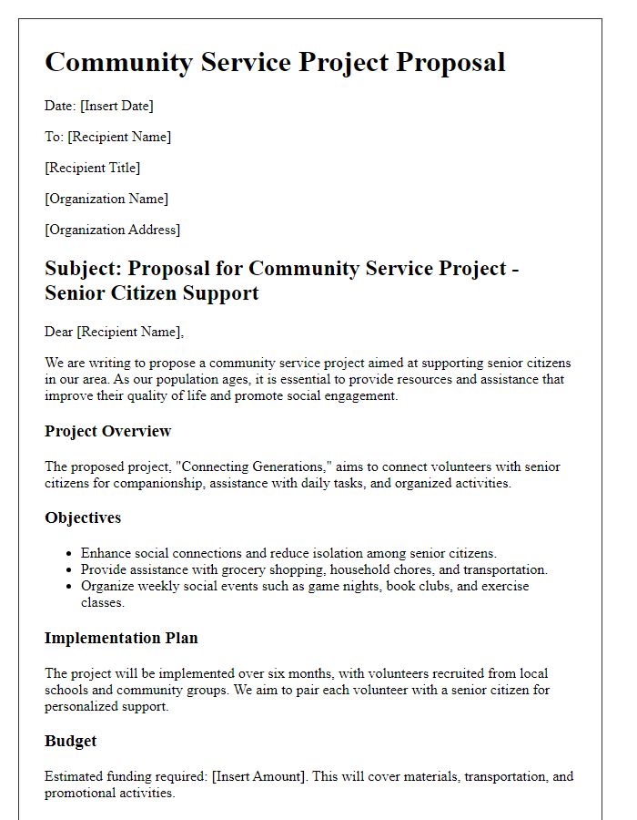 Letter template of community service project proposal for senior citizen support.