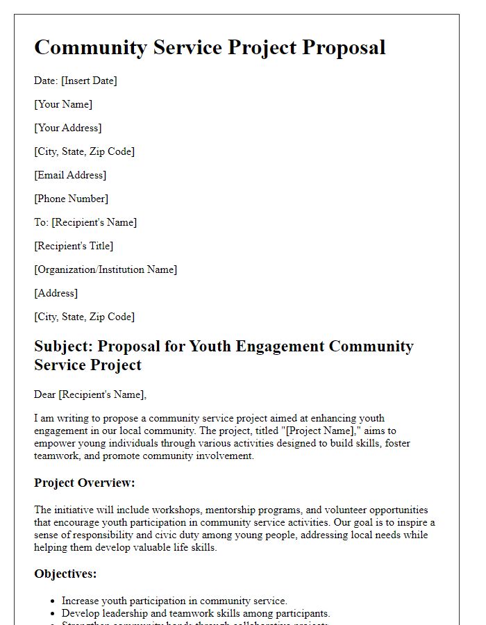 Letter template of community service project proposal for youth engagement.