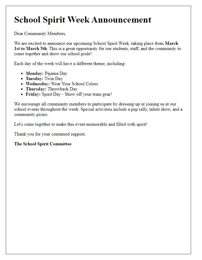 Letter template of School Spirit Week Announcement for Community Bulletin