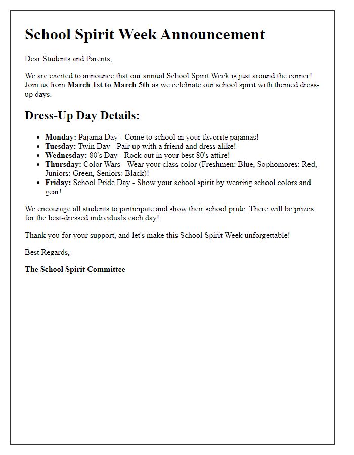 Letter template of School Spirit Week Announcement with Dress-Up Day Details