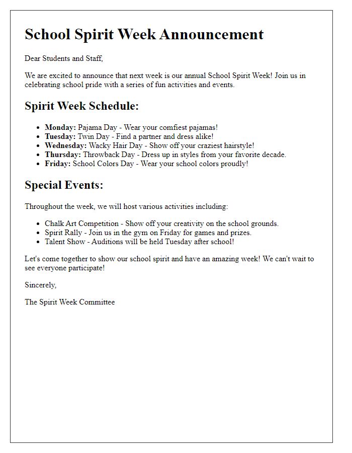 Letter template of School Spirit Week Announcement highlighting Activities