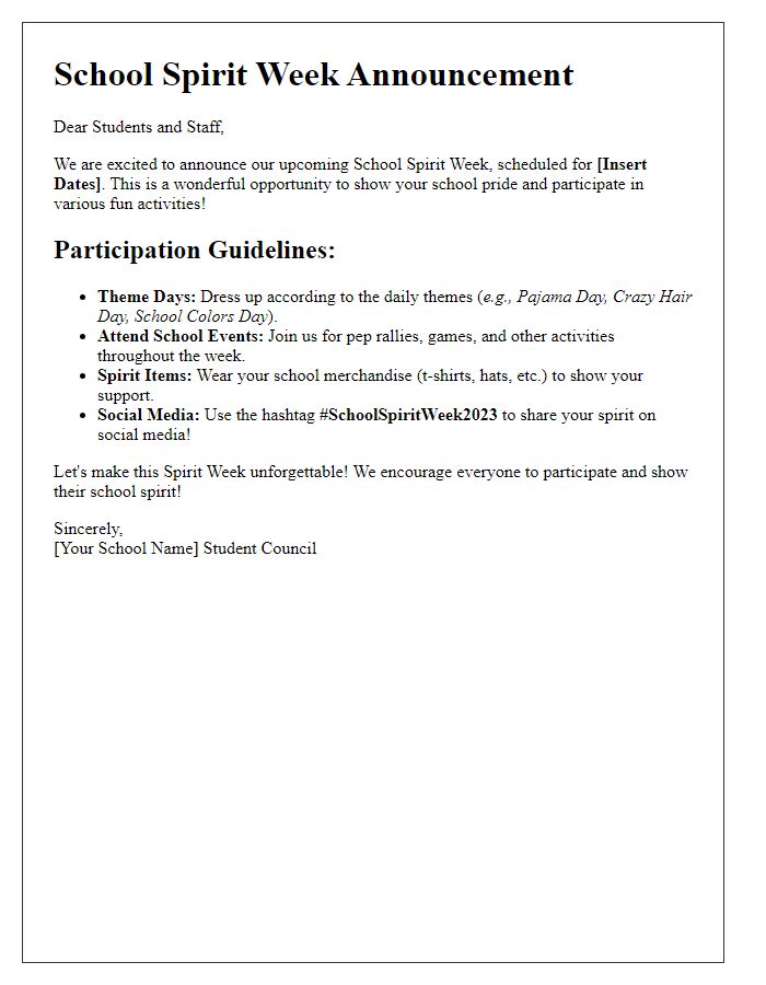 Letter template of School Spirit Week Announcement with Participation Guidelines