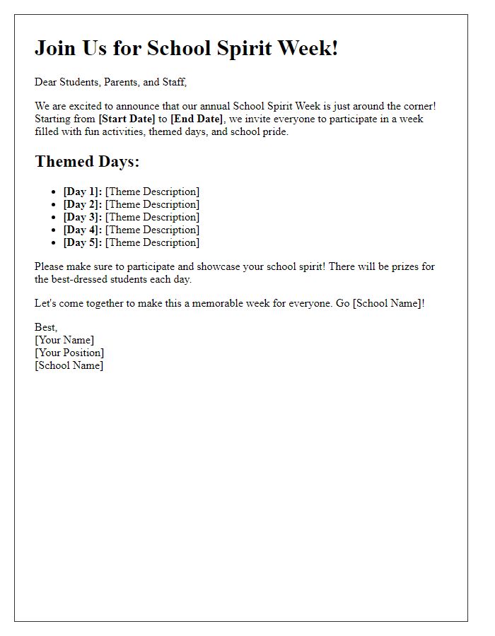 Letter template of School Spirit Week Announcement for School Website