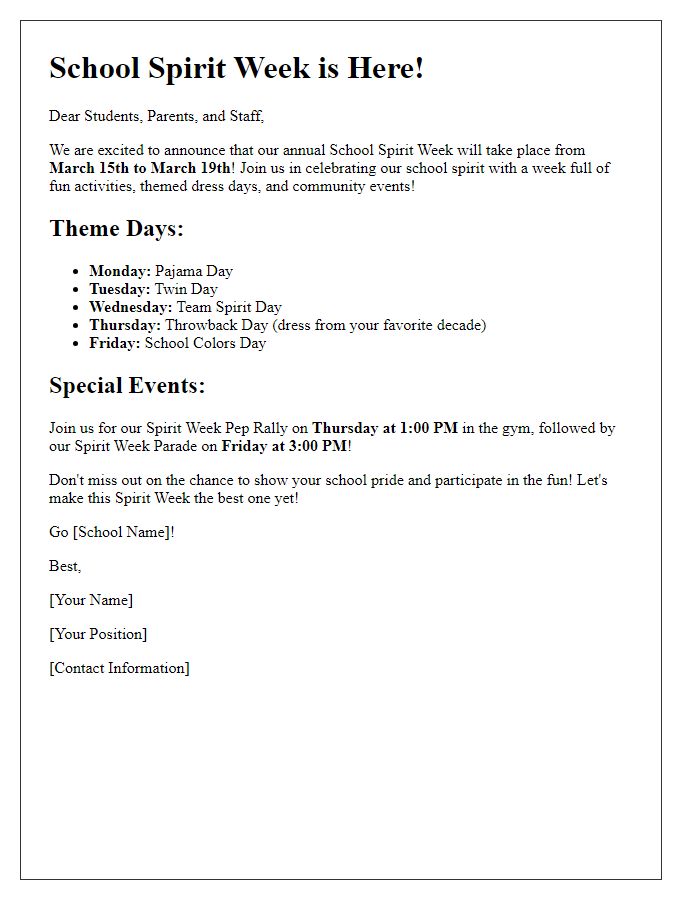 Letter template of School Spirit Week Announcement for Social Media