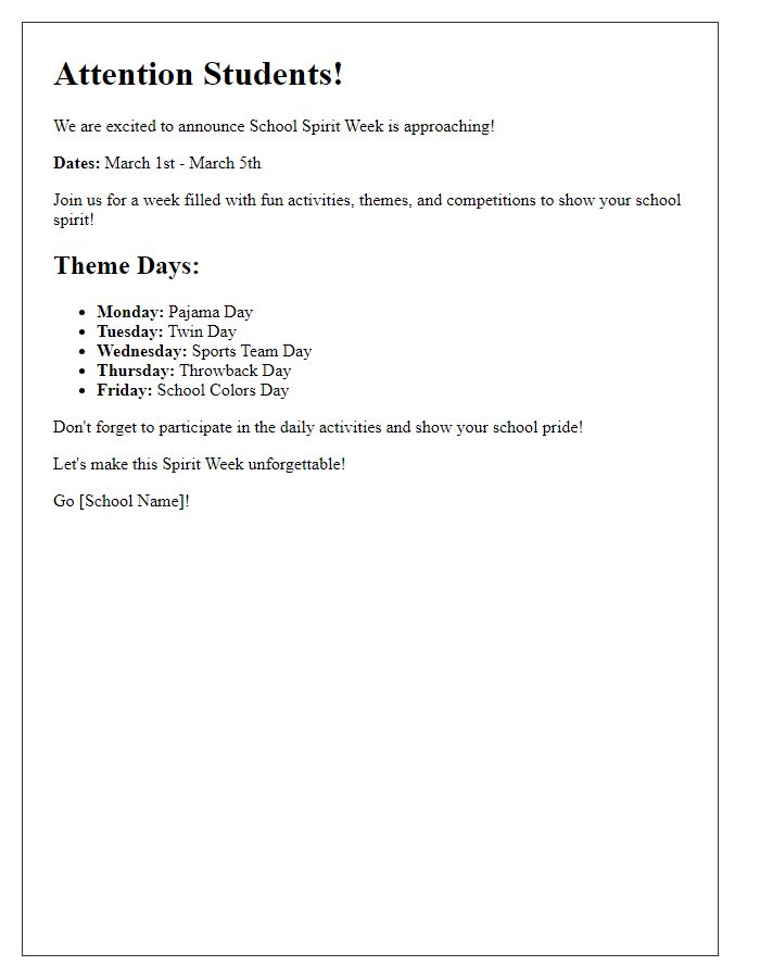 Letter template of School Spirit Week Announcement for Students