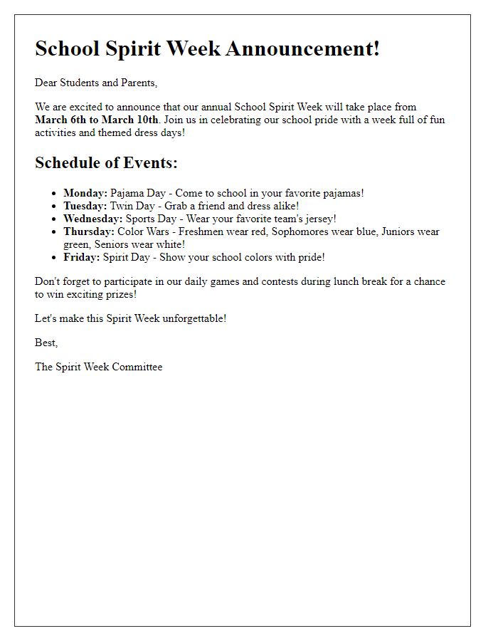 Letter template of School Spirit Week Announcement via Newsletter