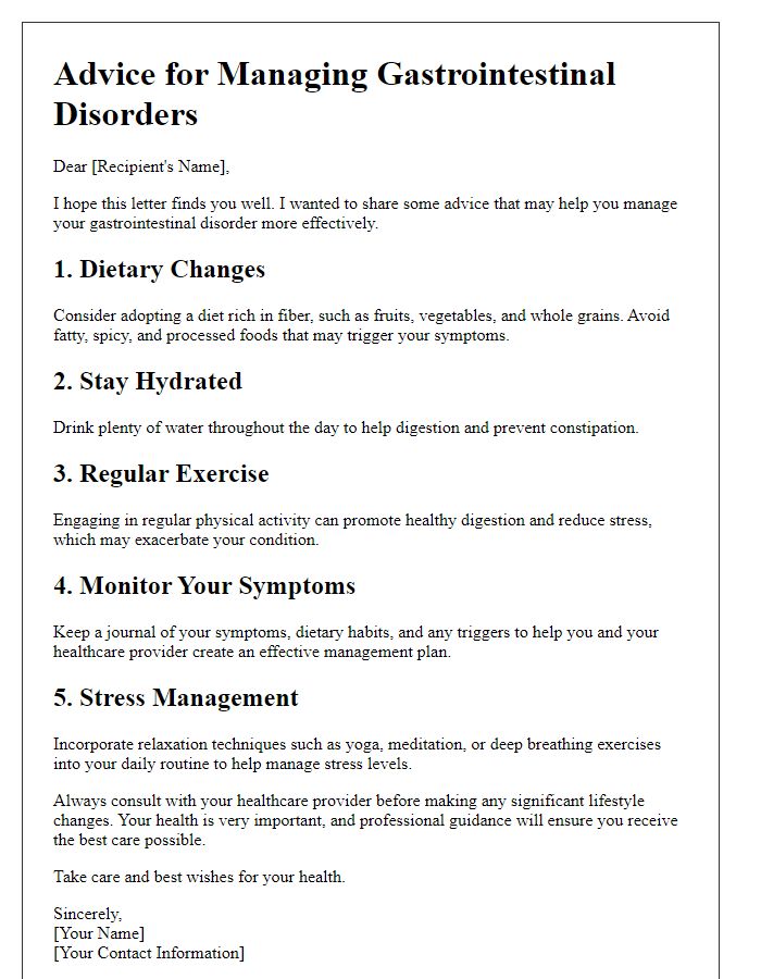 Letter template of advice for managing gastrointestinal disorders.