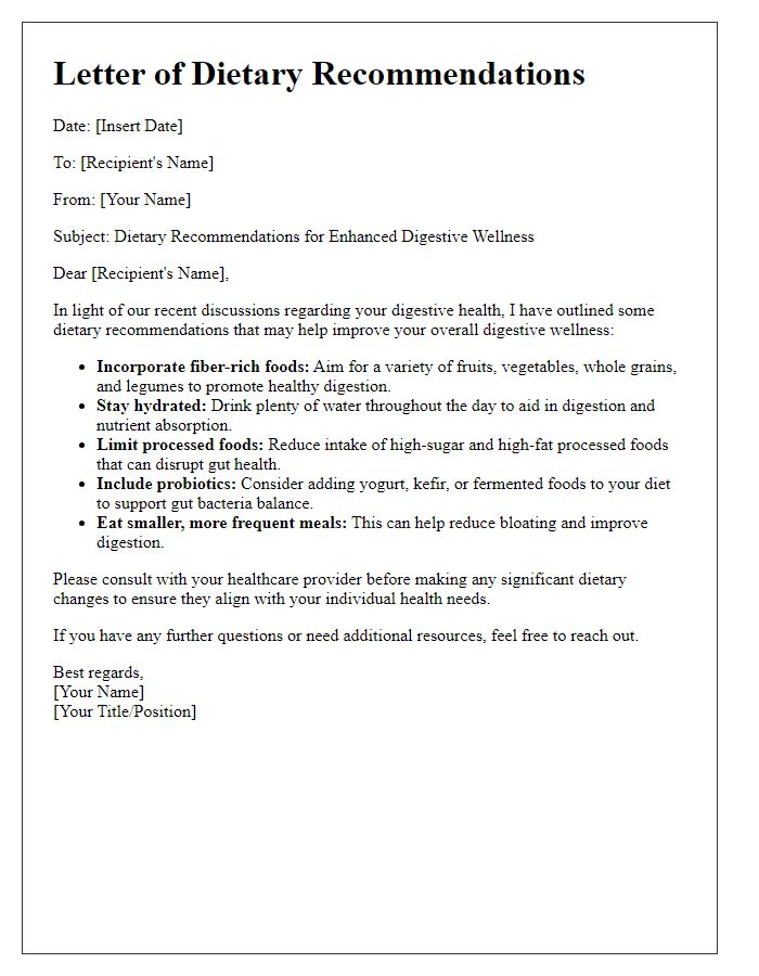 Letter template of dietary recommendations for digestive wellness.