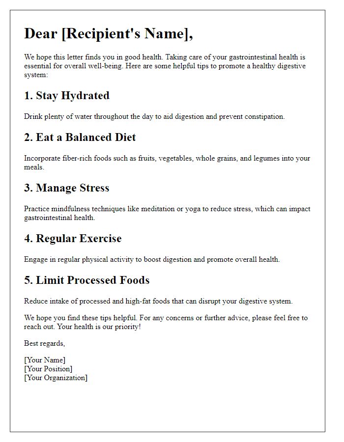 Letter template of gastrointestinal health tips for individuals.