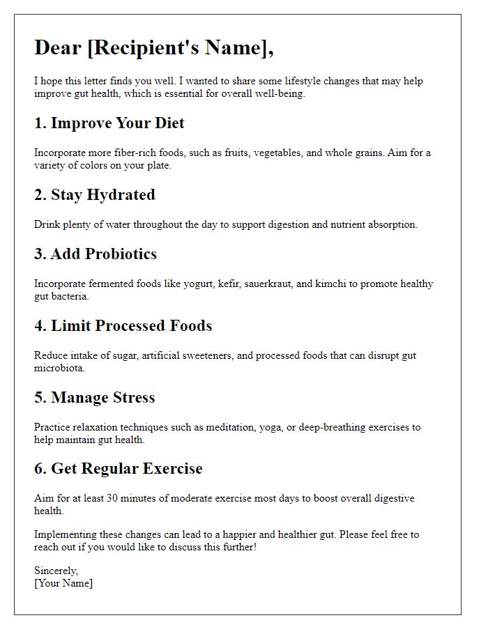 Letter template of lifestyle changes to support gut health.