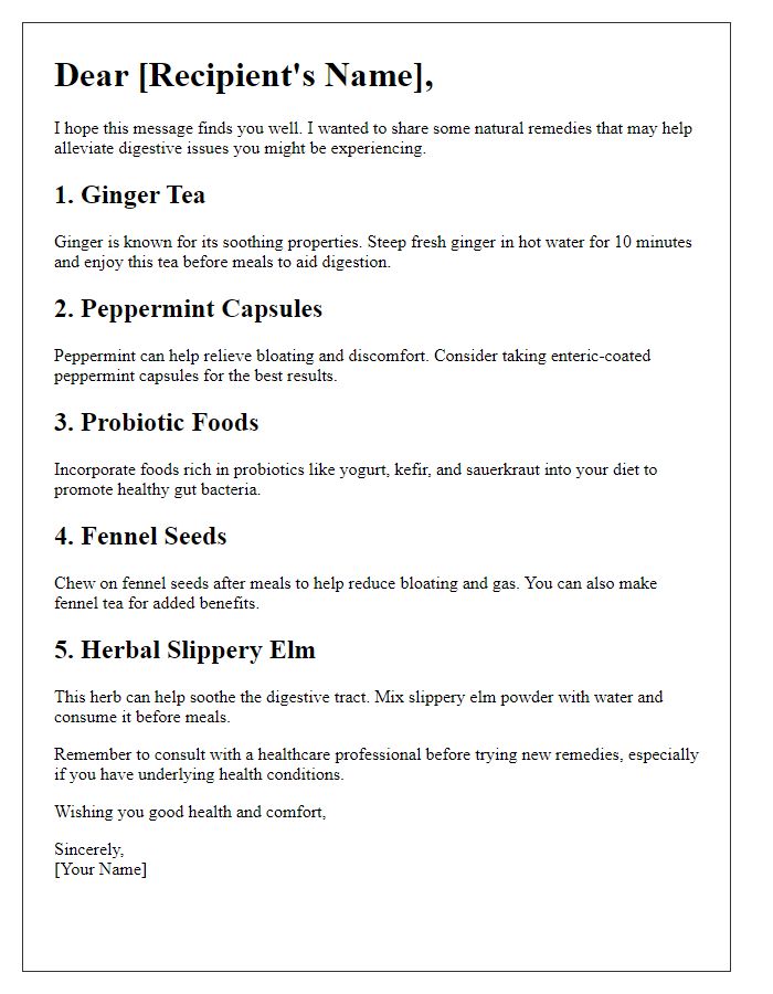 Letter template of natural remedies for digestive issues.