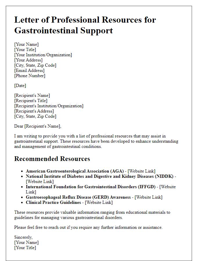 Letter template of professional resources for gastrointestinal support.