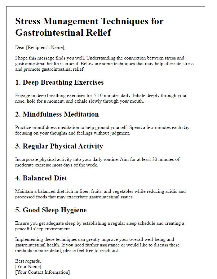 Letter template of stress management techniques for gastrointestinal relief.