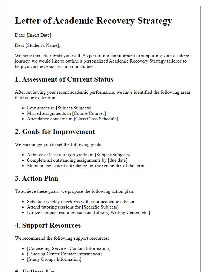 Letter template of Academic Recovery Strategy for Student Success