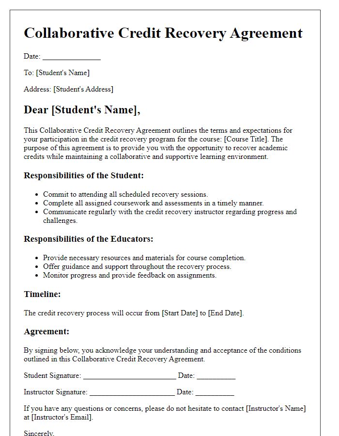 Letter template of Collaborative Credit Recovery Agreement for Students