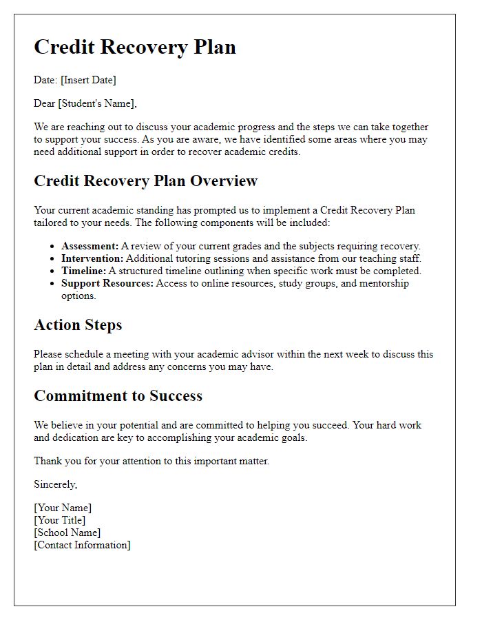 Letter template of Credit Recovery Plan for High School Students