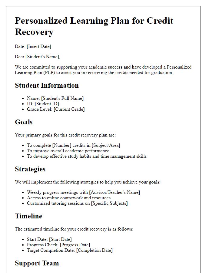 Letter template of Personalized Learning Plan for Credit Recovery