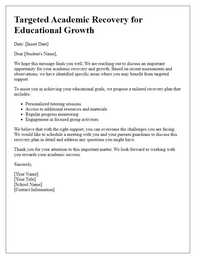 Letter template of Targeted Academic Recovery for Educational Growth