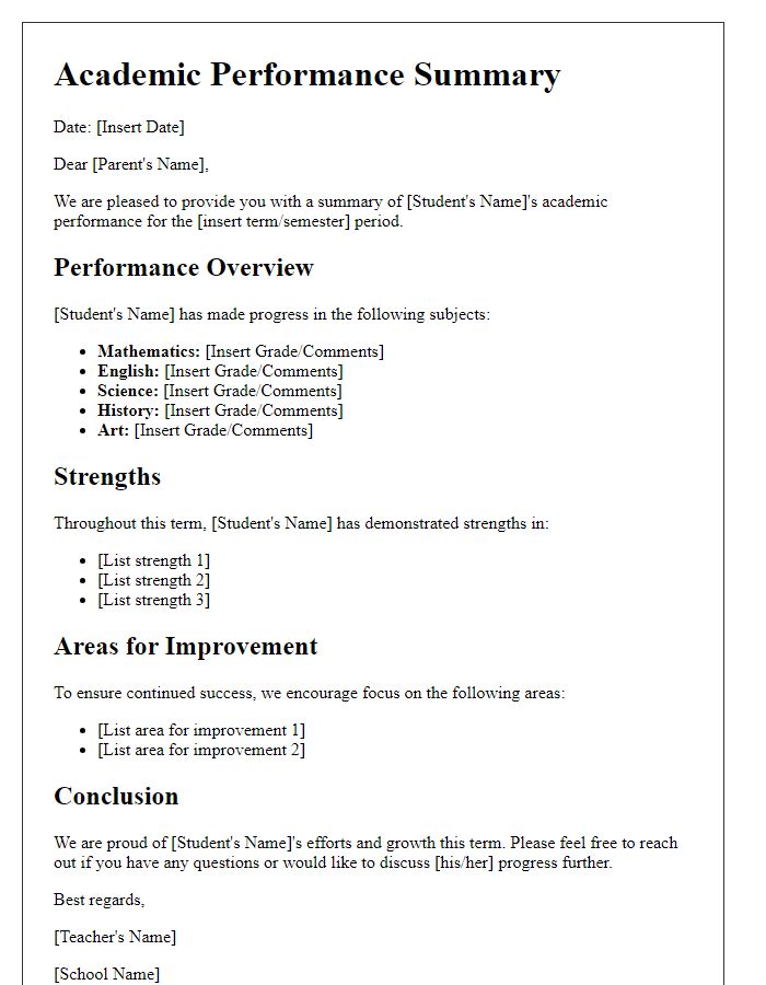 Letter template of academic performance summary for parents