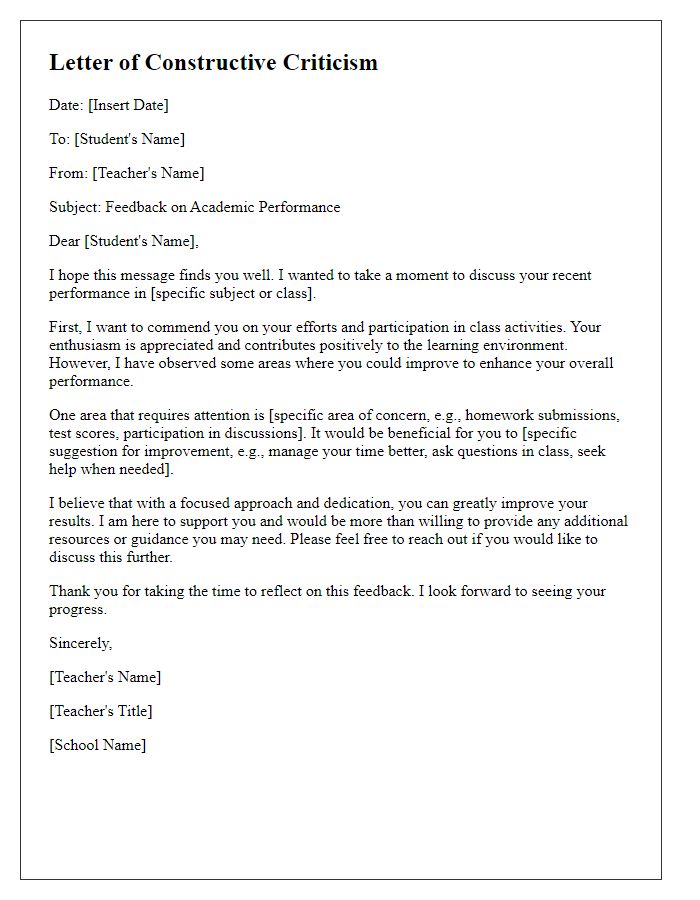 Letter template of constructive criticism for school performance