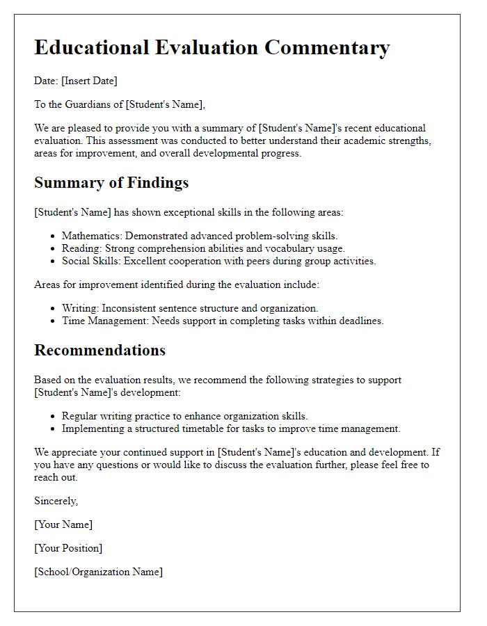 Letter template of educational evaluation commentary for guardians