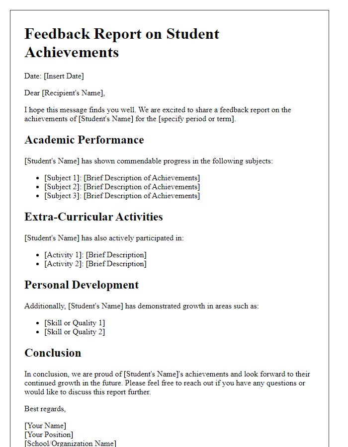 Letter template of feedback report on student achievements